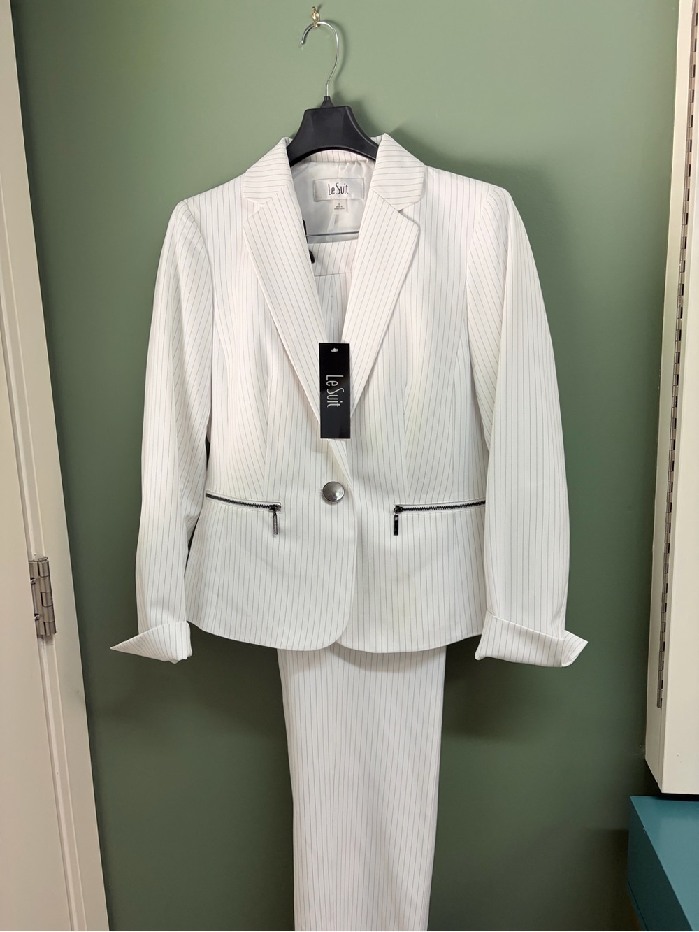 Le Suit White Pinstripe Blazer and Pants Set